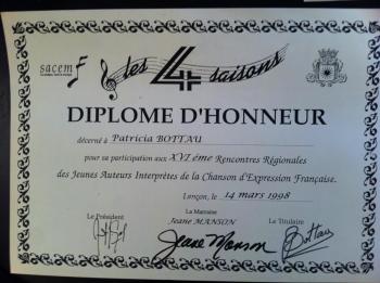 diplôme de la SACEM de Patricia Bottau, professeur et créatrice de l'école de musique à Eguilles, mini conservatoire Amadeus